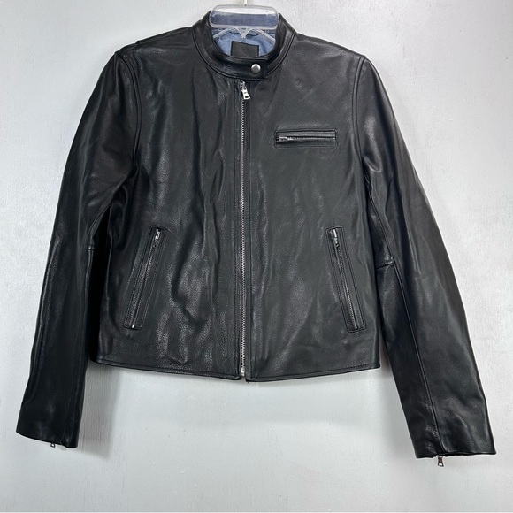 GAP women’s genuine leather black cafe racer biker jacket size medium - Picture 1 of 16